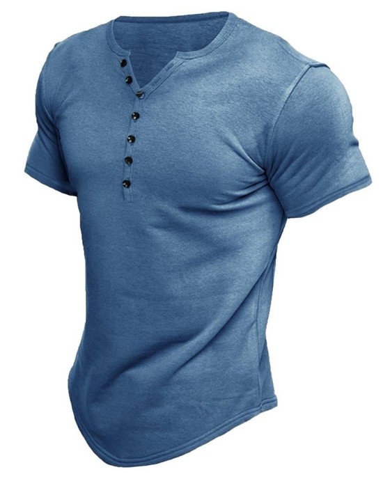 Men's Summer Henley Shirt Short Sleeve Cotton T-Shirt Casual Solid Color Tee