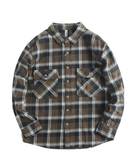 Men's Flannel Plaid Shirt Long Sleeve Cotton Casual Vintage Loose Fit