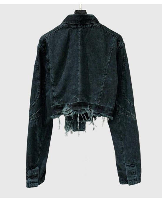 Vintage Distressed Denim Jacket with Raw Hem & Frayed Details, Light Blue Retro