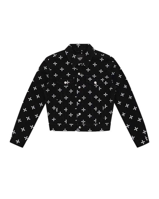 SMK R Eternal Garden Denim Jacket with All-Over Cross Print, Classic Cotton
