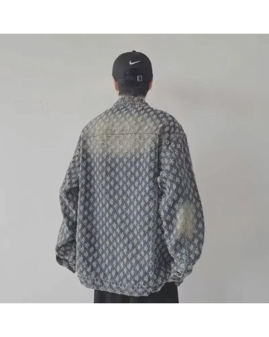 Vintage Wash Distressed Denim Jacket with Jacquard & Tie-Dye - Unisex