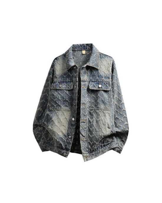 Distressed Washed Denim Jacket Men Vintage Americana Streetwear Oversized Trucker Coat Retro Ripped Denim